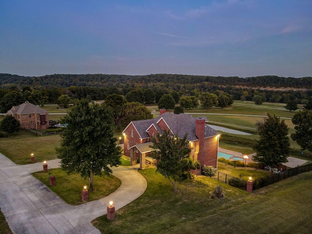 view of aerial view at dusk