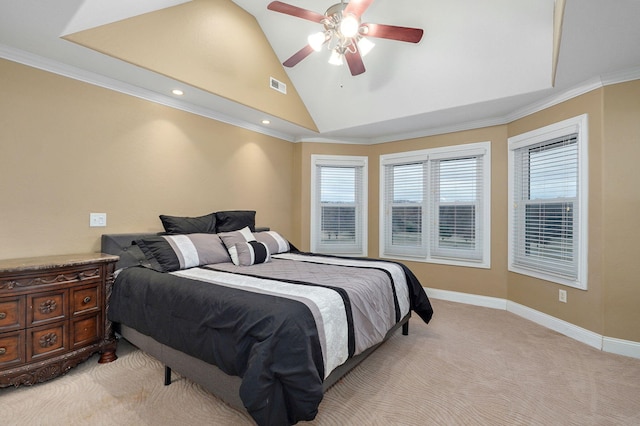 bedroom featuring vaulted ceiling, ornamental molding, light colored carpet, and ceiling fan