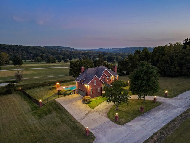 view of aerial view at dusk