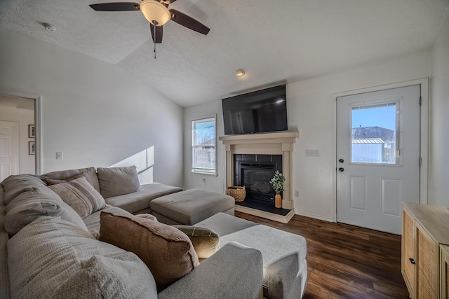 living room featuring a healthy amount of sunlight, lofted ceiling, dark hardwood / wood-style flooring, and a textured ceiling