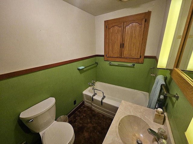 bathroom featuring tile walls, sink, toilet, and a bathing tub