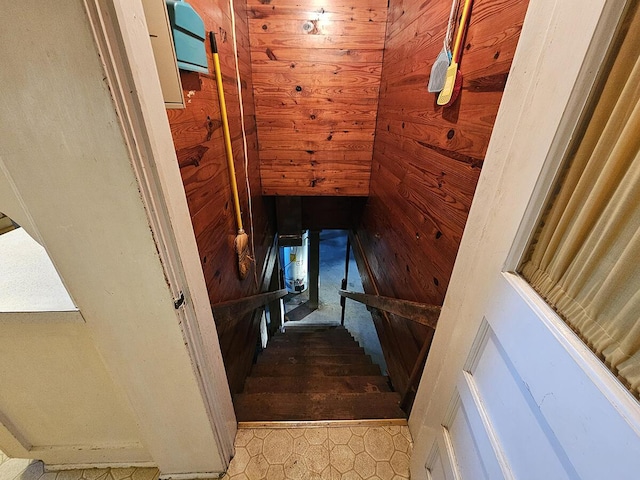 staircase featuring wooden walls