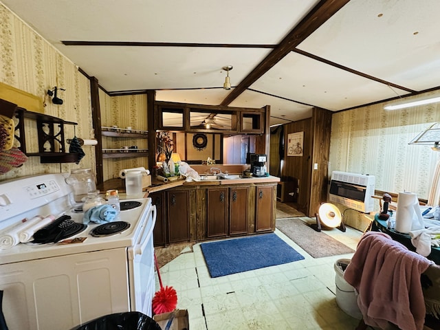 kitchen with white electric stove and heating unit