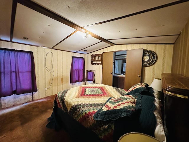 bedroom with carpet flooring and vaulted ceiling with beams