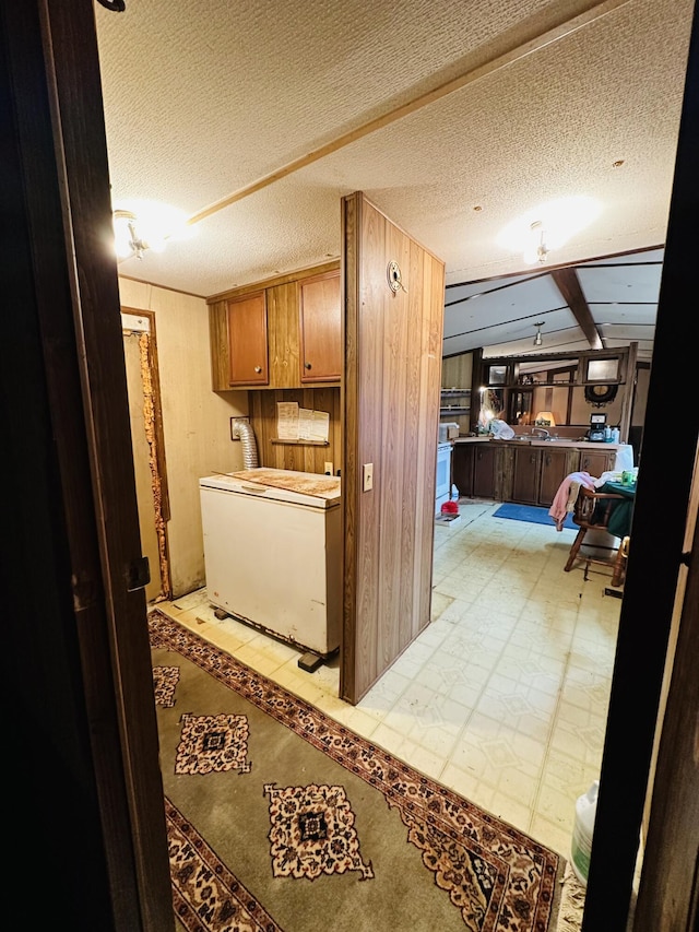 clothes washing area featuring cabinets, a textured ceiling, and wood walls