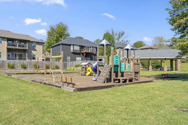 view of jungle gym featuring a yard