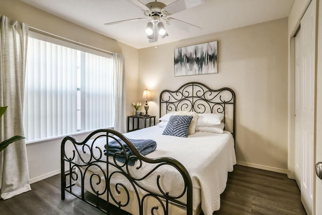 bedroom featuring dark hardwood / wood-style flooring, a closet, and ceiling fan