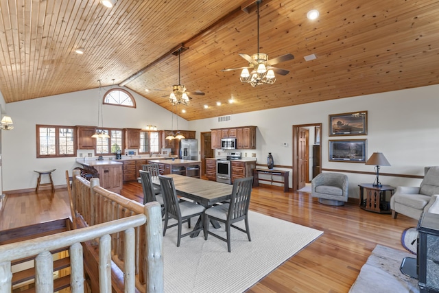 dining area with high vaulted ceiling, light wood-type flooring, ceiling fan, wood ceiling, and beam ceiling