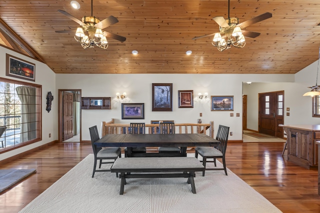 dining area with wood ceiling, high vaulted ceiling, dark hardwood / wood-style floors, and ceiling fan