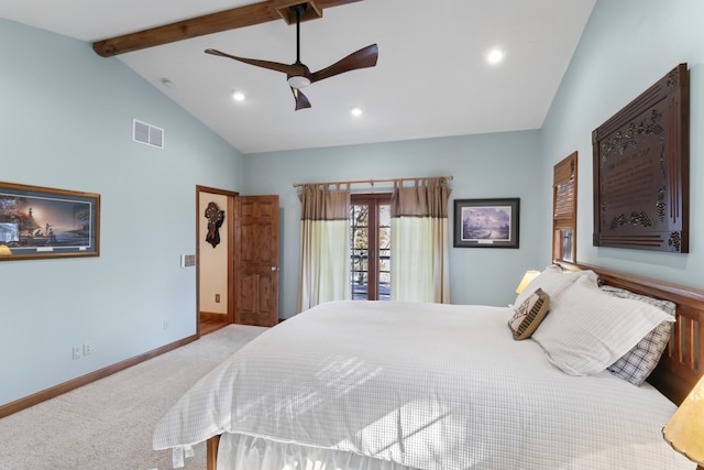 carpeted bedroom with vaulted ceiling with beams and ceiling fan