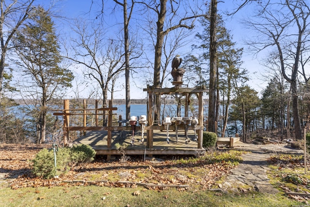 deck featuring a water view