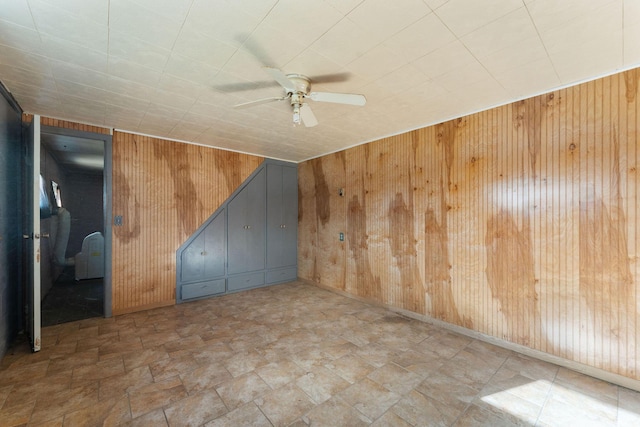 interior space featuring ceiling fan and wood walls