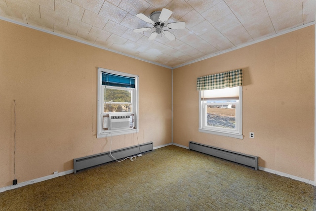 carpeted empty room with cooling unit, a baseboard radiator, crown molding, and ceiling fan