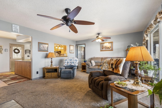 living room with a textured ceiling and carpet