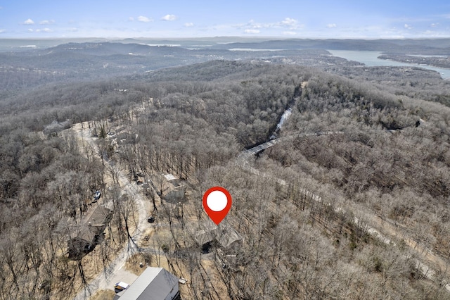 drone / aerial view featuring a water and mountain view