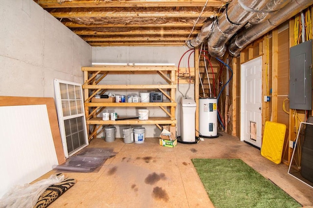 basement featuring electric panel and electric water heater