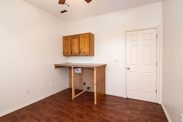 washroom featuring cabinets, dark wood-type flooring, and ceiling fan