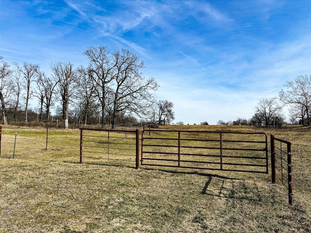 view of gate featuring a rural view and a yard