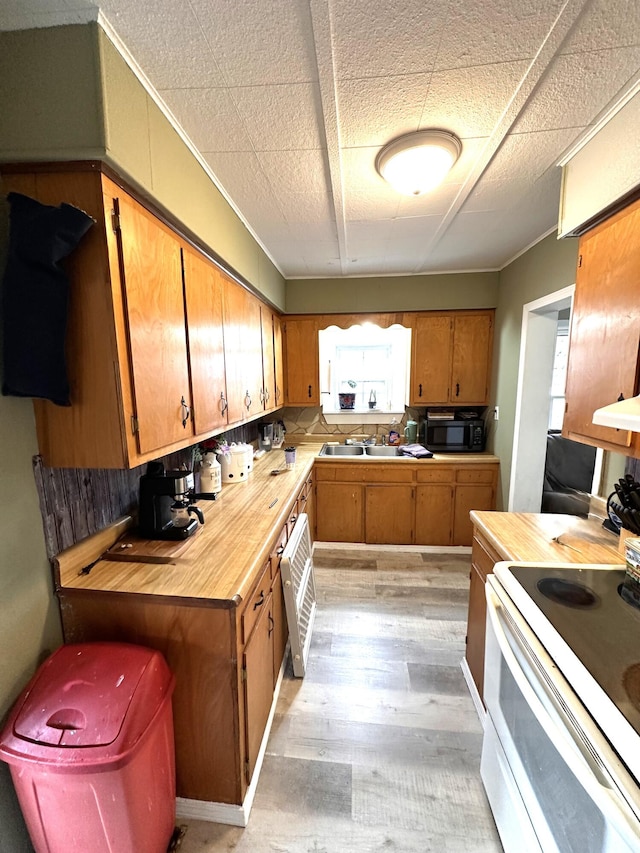 kitchen with sink, butcher block countertops, electric range, light hardwood / wood-style floors, and backsplash