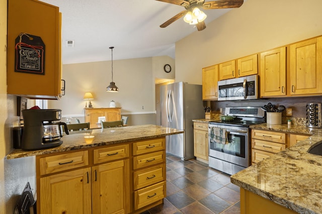 kitchen featuring light stone counters, stainless steel appliances, visible vents, vaulted ceiling, and hanging light fixtures