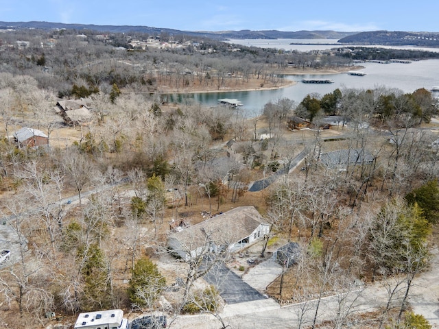 bird's eye view featuring a water and mountain view