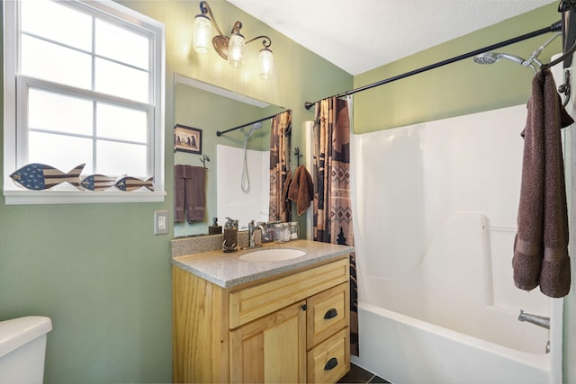 full bathroom with a textured ceiling, toilet, vanity, and shower / bathtub combination with curtain