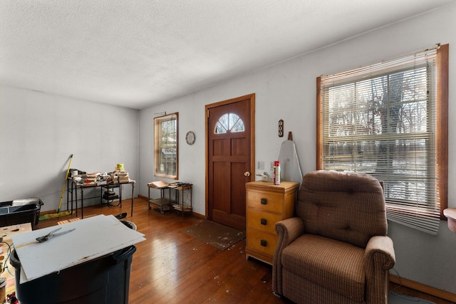 sitting room featuring dark hardwood / wood-style flooring and a textured ceiling