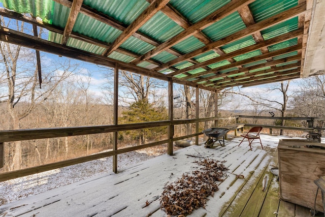 view of snow covered deck