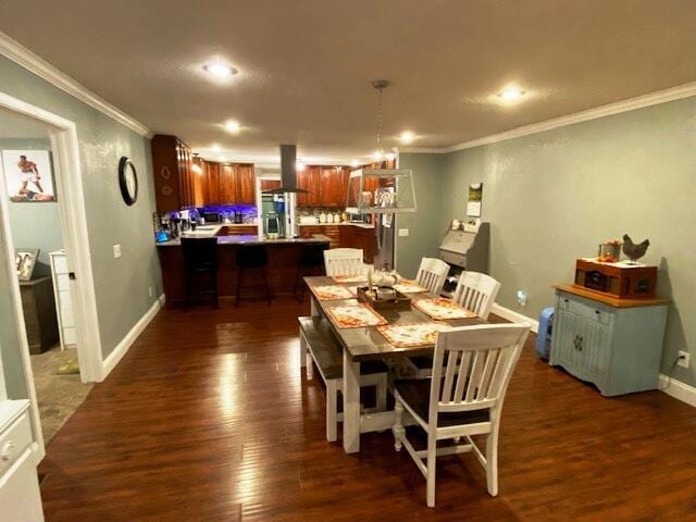 dining area featuring ornamental molding and dark wood-type flooring