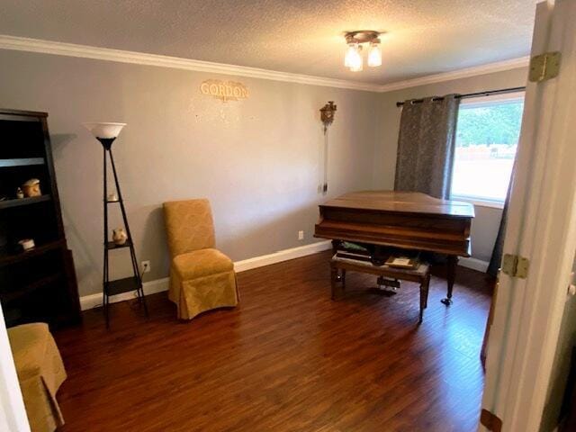 interior space featuring crown molding, a textured ceiling, and dark hardwood / wood-style flooring