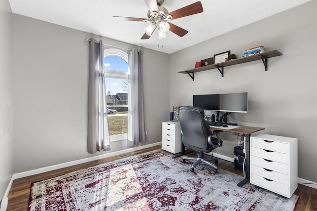 home office featuring ceiling fan and dark hardwood / wood-style flooring