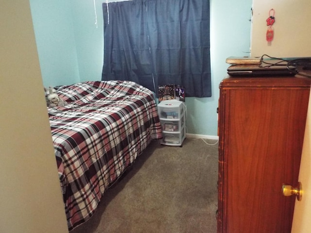 bedroom featuring dark carpet