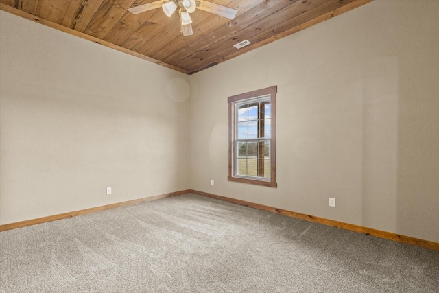 empty room with wood ceiling, ceiling fan, and carpet flooring