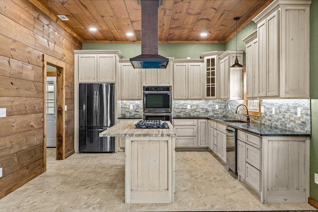 kitchen with a kitchen island, sink, wood ceiling, and black appliances