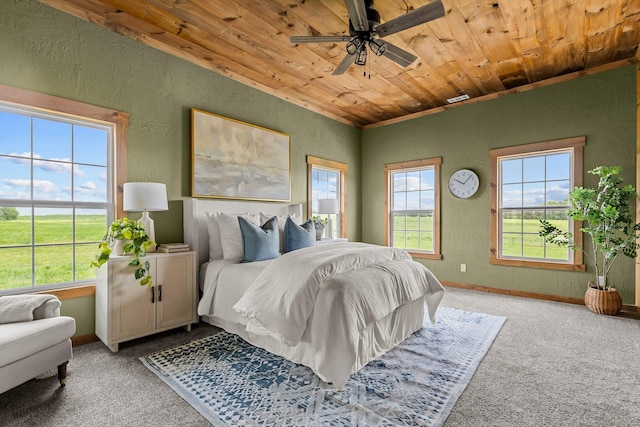 10263 State Highway 14 W, Billings, MO 65610 - bedroom featuring a textured wall, carpet, wooden ceiling, baseboards, and ceiling fan