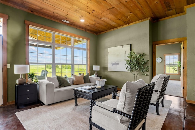 10263 State Highway 14 W, Billings, MO 65610 - living room featuring wooden ceiling, finished concrete flooring, and baseboards