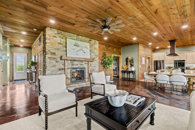 10263 State Highway 14 W, Billings, MO 65610 - living area with wooden ceiling, a stone fireplace, ceiling fan, and recessed lighting