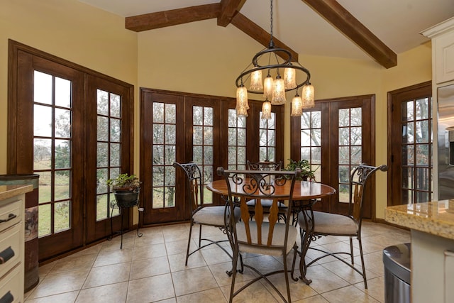 tiled dining room featuring beamed ceiling, an inviting chandelier, and french doors