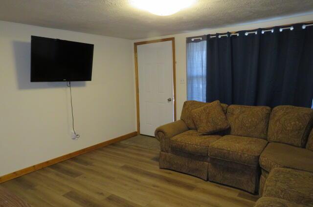 living room featuring hardwood / wood-style flooring and a textured ceiling