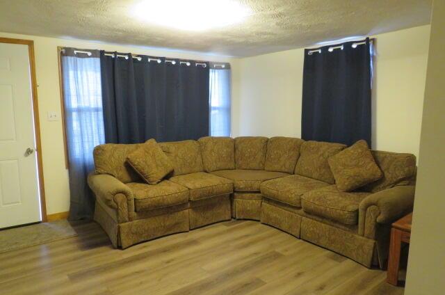 living room with hardwood / wood-style flooring and a textured ceiling