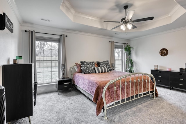 bedroom with a raised ceiling, carpet, ceiling fan, and multiple windows