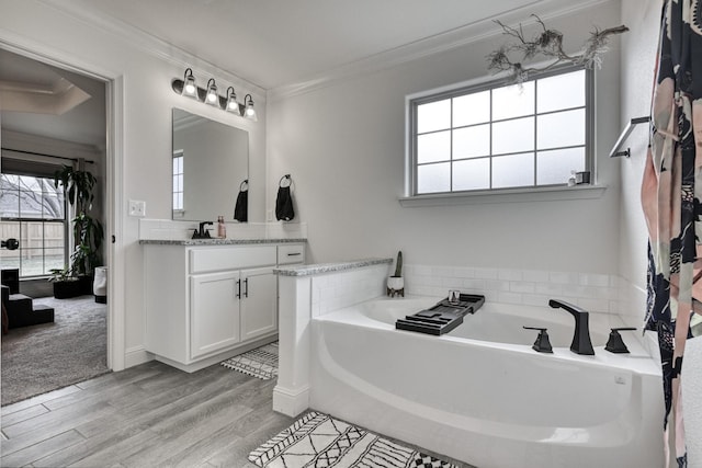 bathroom featuring hardwood / wood-style flooring, ornamental molding, a washtub, and vanity