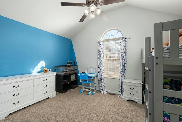 bedroom featuring light carpet, vaulted ceiling, and ceiling fan