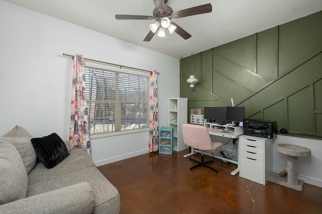 office area with ceiling fan