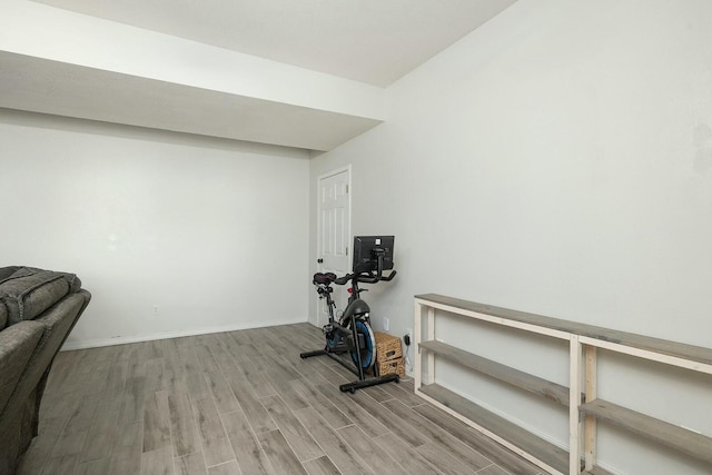 workout room with light hardwood / wood-style floors