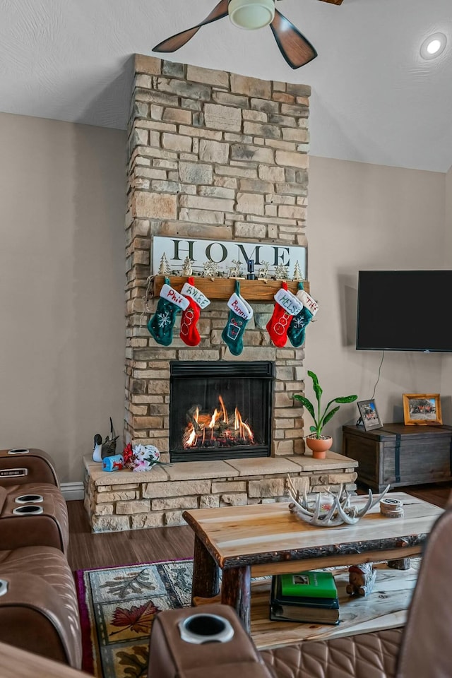 details featuring hardwood / wood-style flooring, a fireplace, and ceiling fan