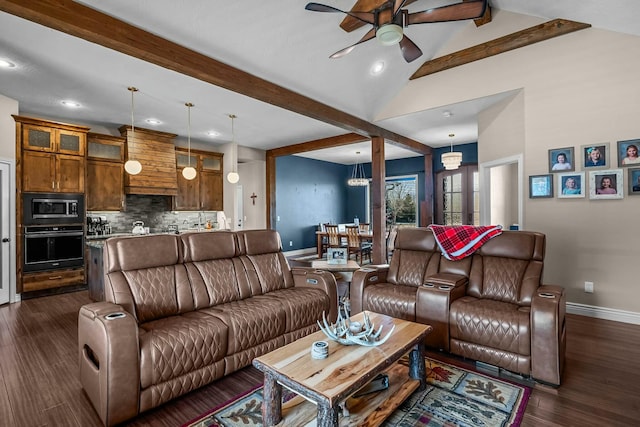 living room with ceiling fan, dark hardwood / wood-style floors, and lofted ceiling with beams