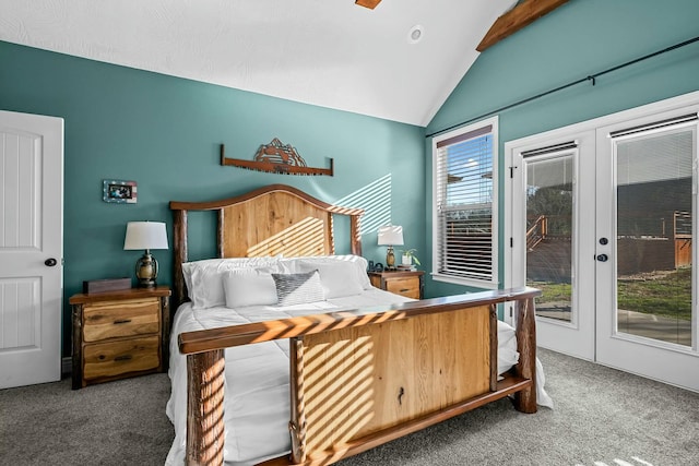 bedroom featuring lofted ceiling, access to exterior, french doors, and carpet