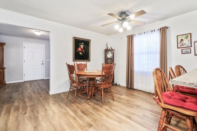 dining area with ceiling fan, hardwood / wood-style floors, and a textured ceiling