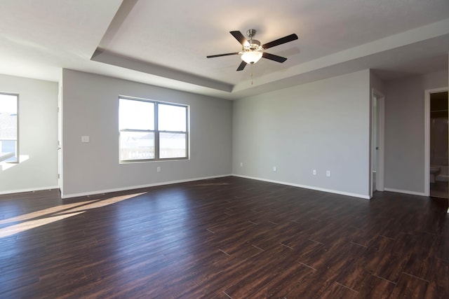 empty room featuring dark wood-type flooring, a tray ceiling, and a wealth of natural light